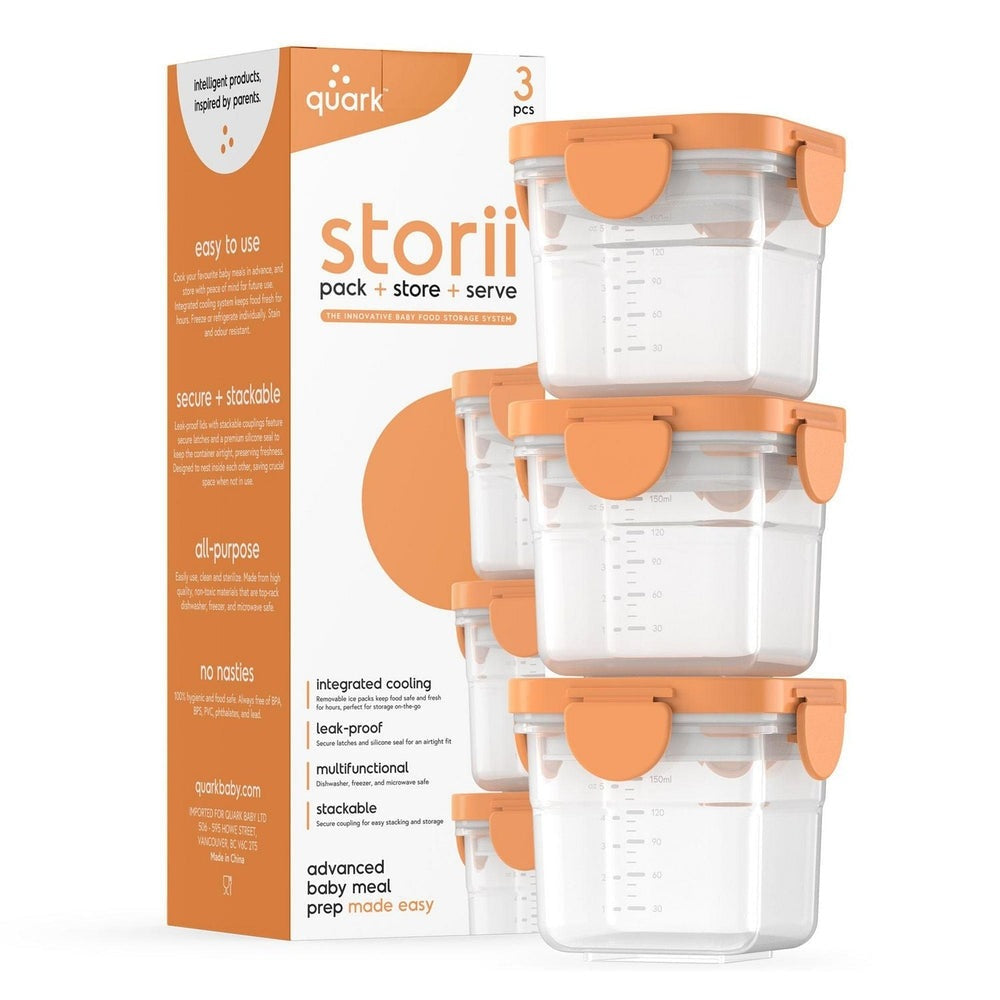 Quark Storii 3-pack baby food storage containers with orange lids and built-in removable ice packs, 5 oz