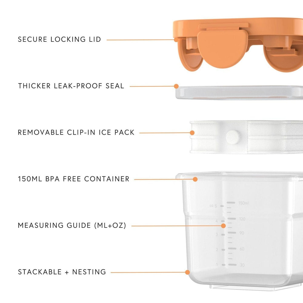 Quark Storii 5oz baby food storage containers with orange lids, 3-pack, built-in removable ice pack