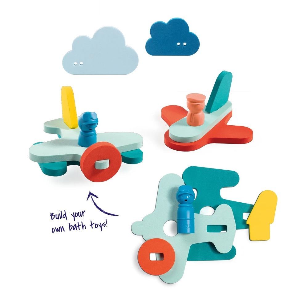 Quutopia Puzzle Friends wooden puzzle set; kids fit colorful vehicle and cloud shapes with peg figures.