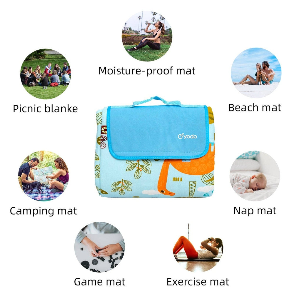 Ray Star picnic blanket featuring a blue dinosaur print, 79x79, sandproof and waterproof beach mat with carry handle
