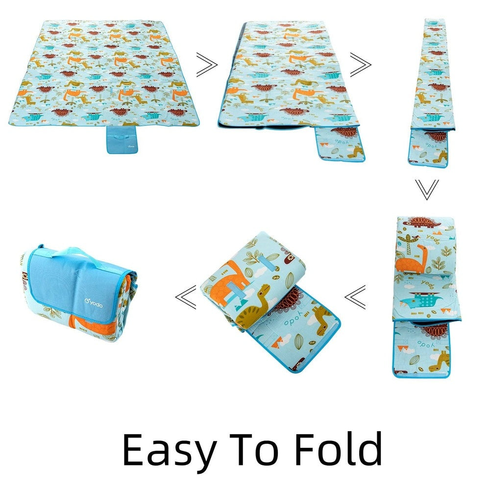 Ray Star dinosaur picnic blanket 79x79 in, sandproof and waterproof with blue carry bag