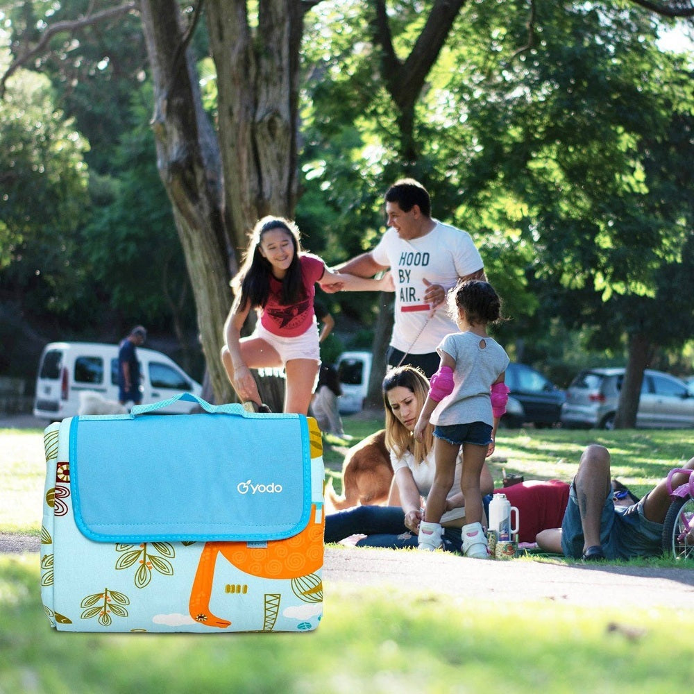 Ray Star dinosaur picnic blanket 79x79 inches, blue top with orange print, sandproof and waterproof