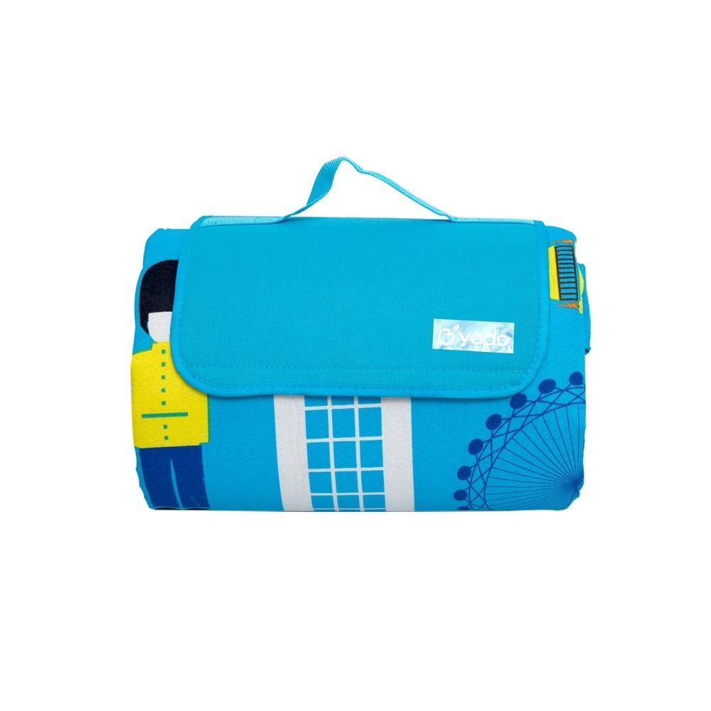 Ray Star picnic blanket, blue London City View pattern, sandproof and waterproof beach mat.