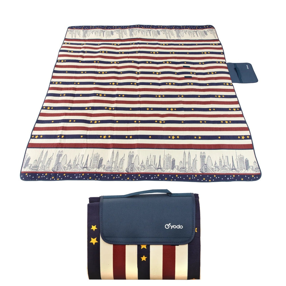 Ray Star 79x79 inch patriotic picnic blanket with sandproof, waterproof fabric and skyline border; includes blue pouch
