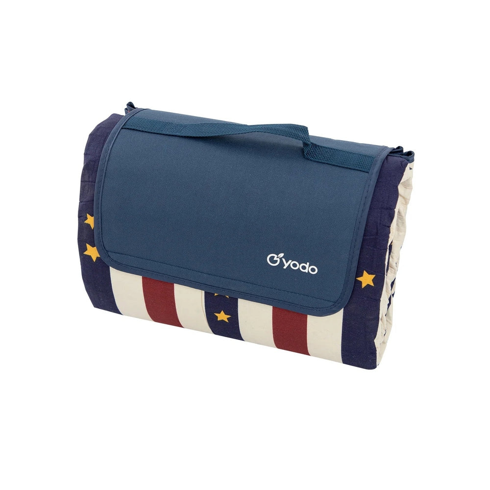 Ray Star 79x79 in picnic blanket with patriotic red, blue, white stripe and stars; sandproof and waterproof beach mat
