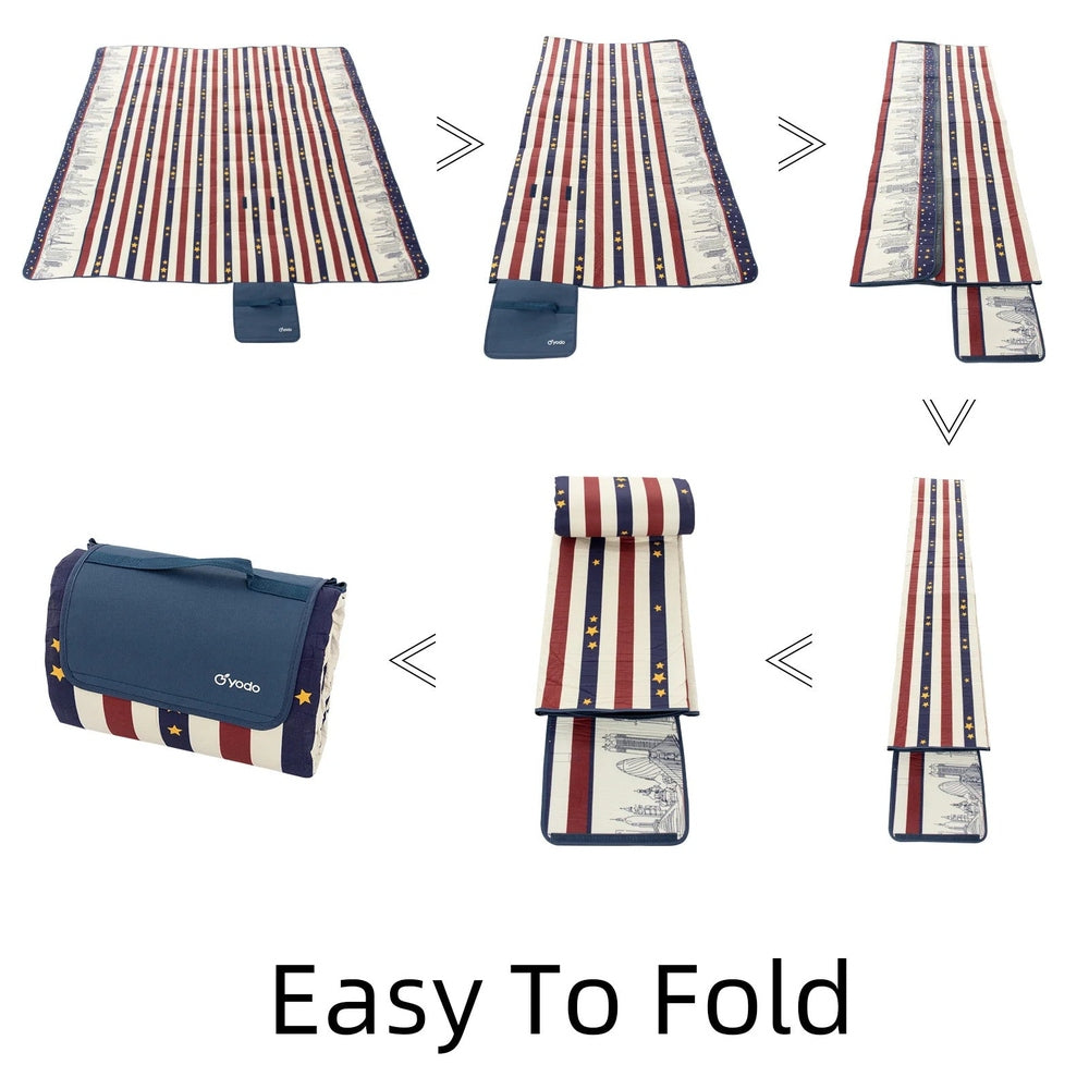 Ray Star 79x79 inch picnic blanket in red and blue stripes, sandproof and waterproof with compact fold pouch