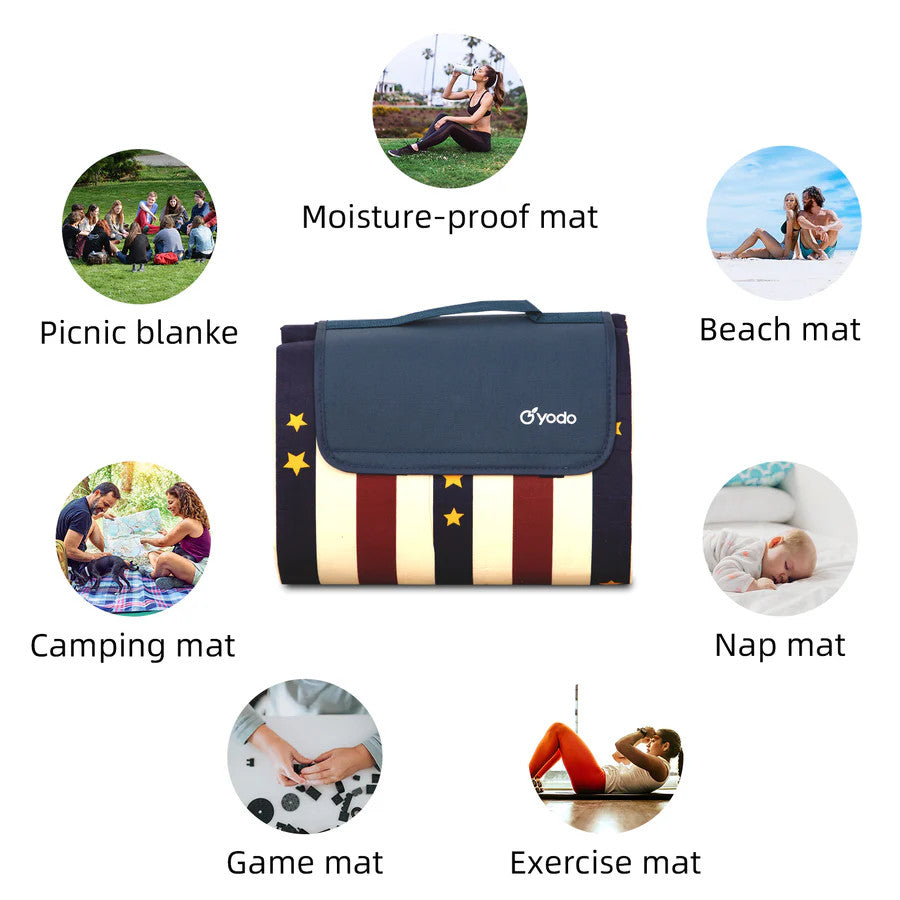 Ray Star picnic blanket 79x79 in, red and blue, sandproof and waterproof beach mat