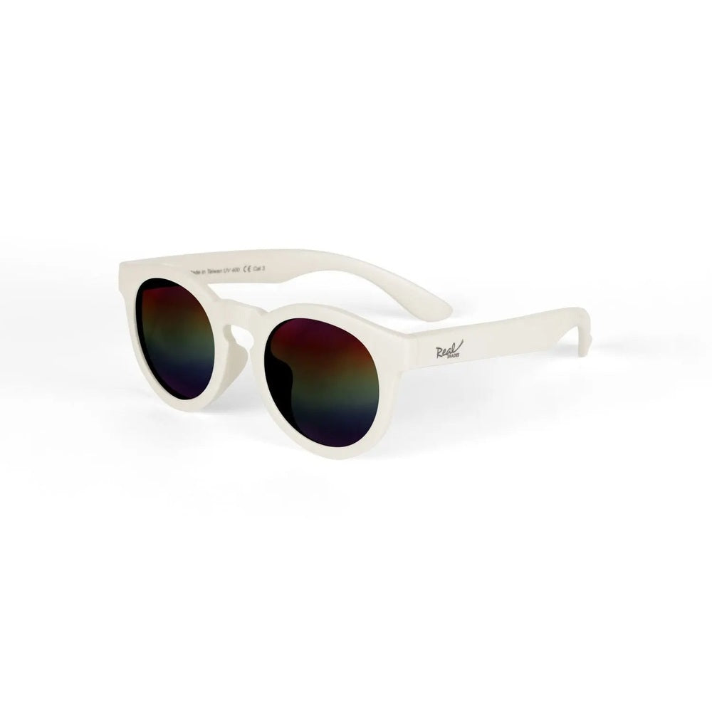 Real Shades Chill Sunglasses Kids white frames with rainbow lenses resting on a white surface.