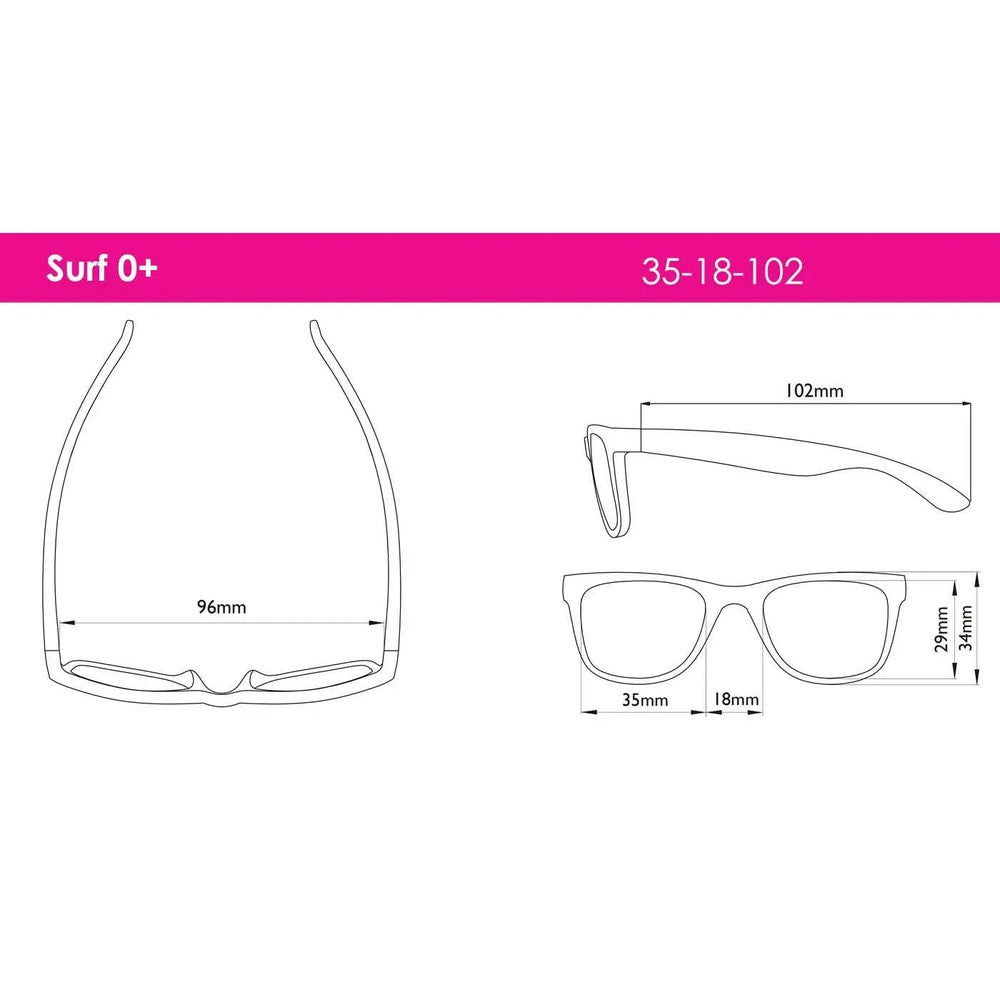 Real Shades Surf Sunglasses Kids Black shown in a schematic with 96mm lens width and 102mm temple length.