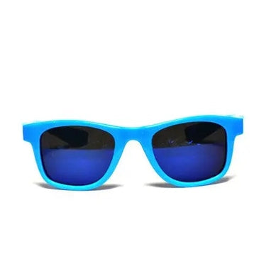 Real Shades Surf Sunglasses Kids Neon Blue on white background with blue mirrored lenses.