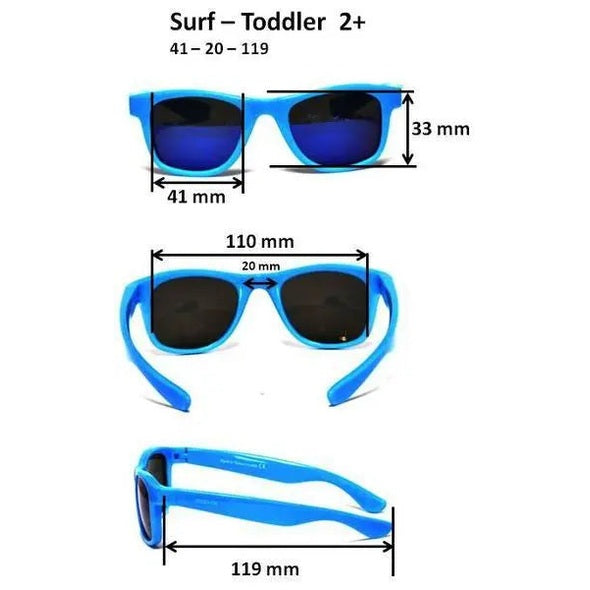 Real Shades Surf Sunglasses Kids Neon Blue; two neon-blue frames with dark lenses shown from front and side on a toddler-friendly size.