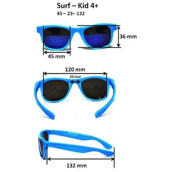 Real Shades Surf Sunglasses Kids Neon Blue: neon blue frame and mirrored lenses as a kid wears them.