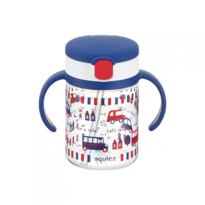 Richelle Clear Straw Bottle Mug 200 ml with blue lid and dual blue handles, car-themed print.