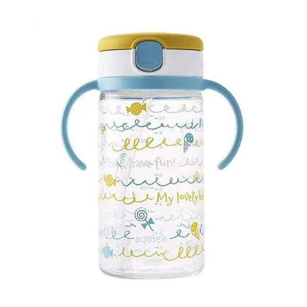 Richelle Clear Straw Bottle Mug 320 ml with blue side handles and yellow lid, ideal for kids sipping.