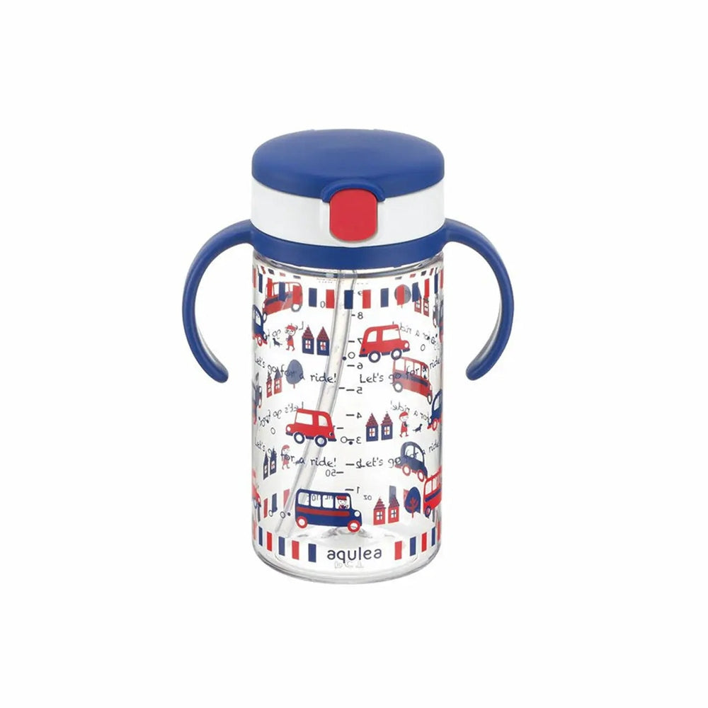Richelle Clear Straw Bottle Mug 320 ml with blue lid and handles, straw in use amid red-blue vehicle pattern