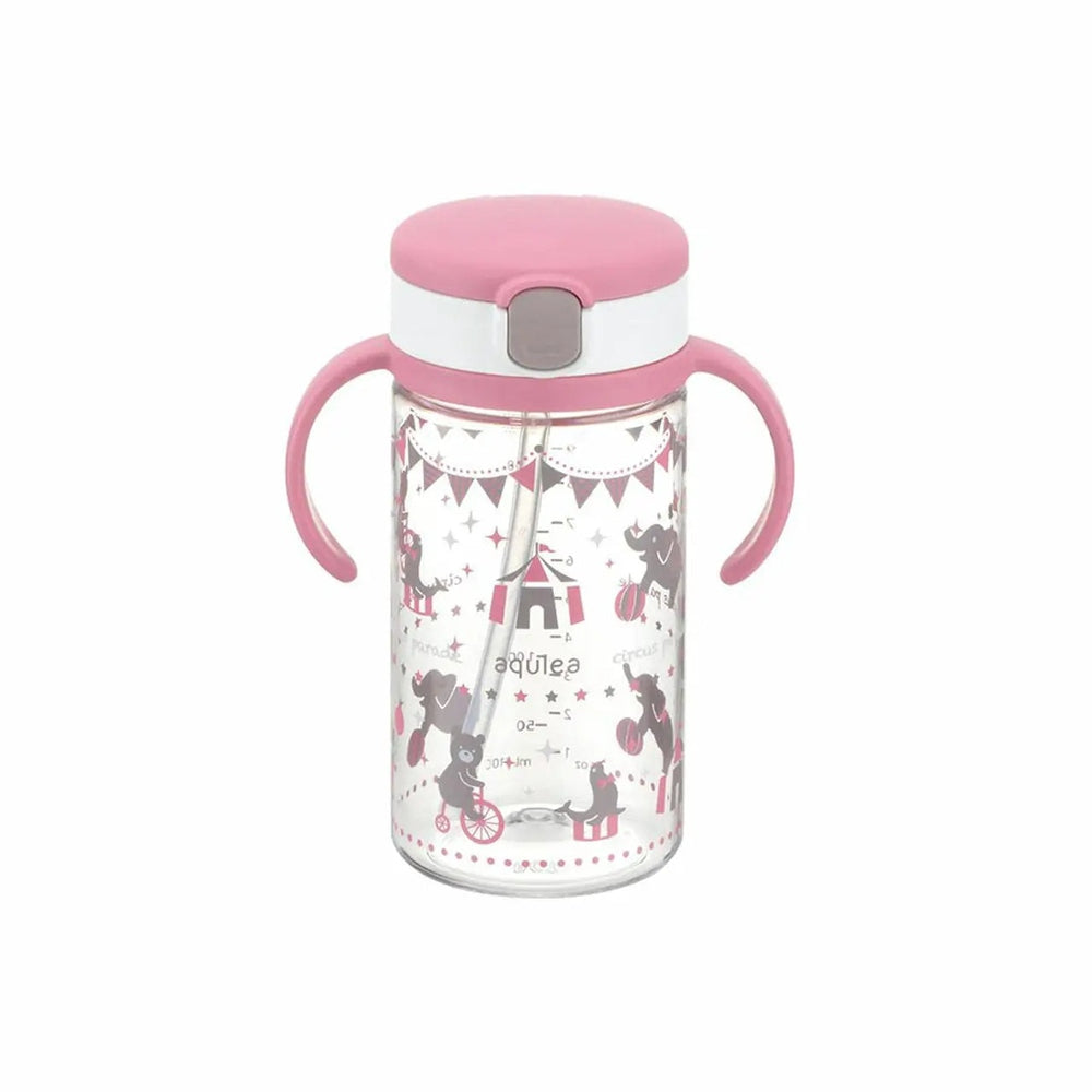 Richelle Clear Straw Bottle Mug 320 ml with pink lid and handles, shown with a child sipping through the clear straw.
