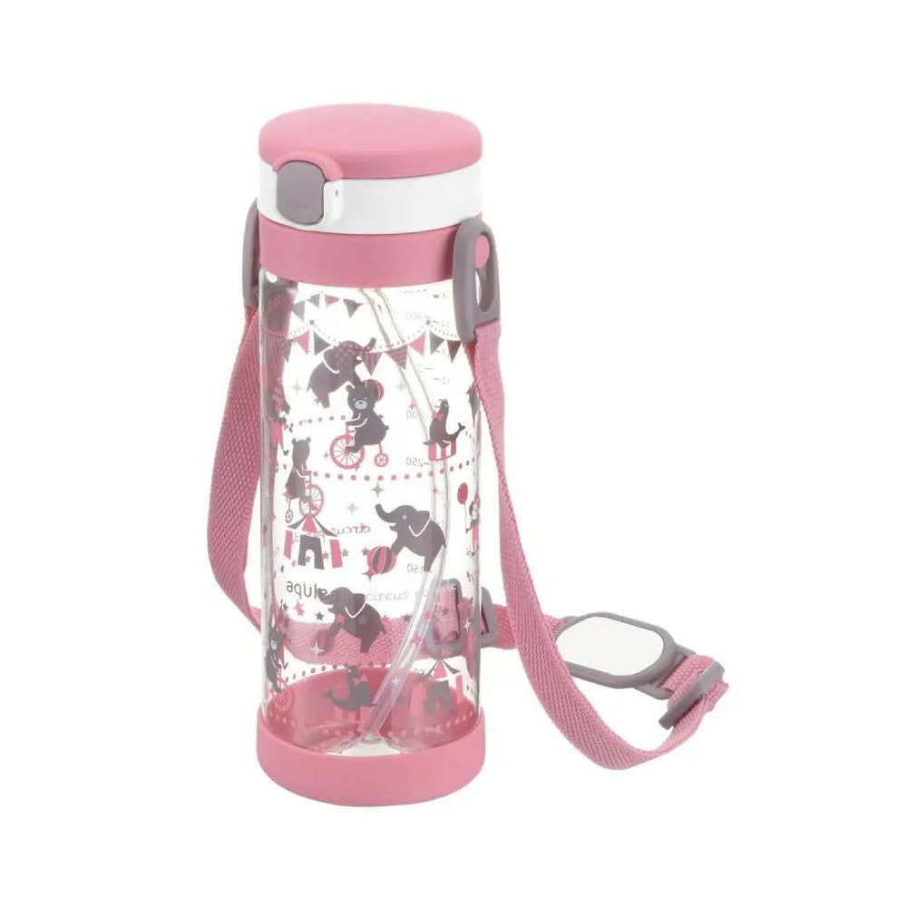Richelle Clear Straw Bottle Mug 450 ml with pink cap and adjustable pink strap, straw visible.