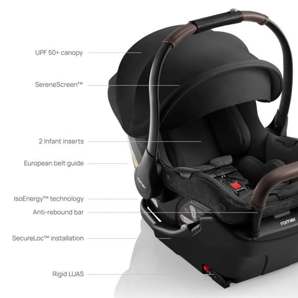 Romer Juni Infant Car Seat with Versa Base in black, showcasing UPF 50+ canopy and SecureLoc installation.