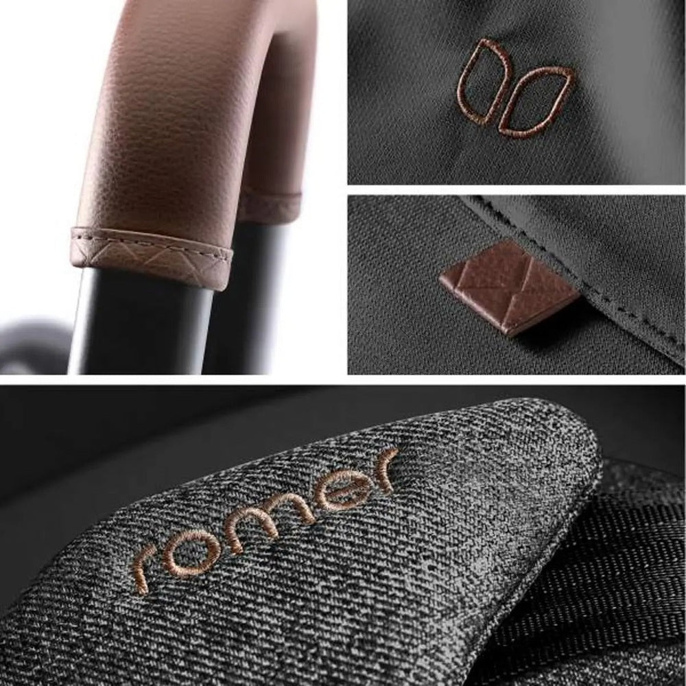 Romer Juni Infant Car Seat with Versa Base in brown, showing leather trim, stitched logo, and textured fabric.