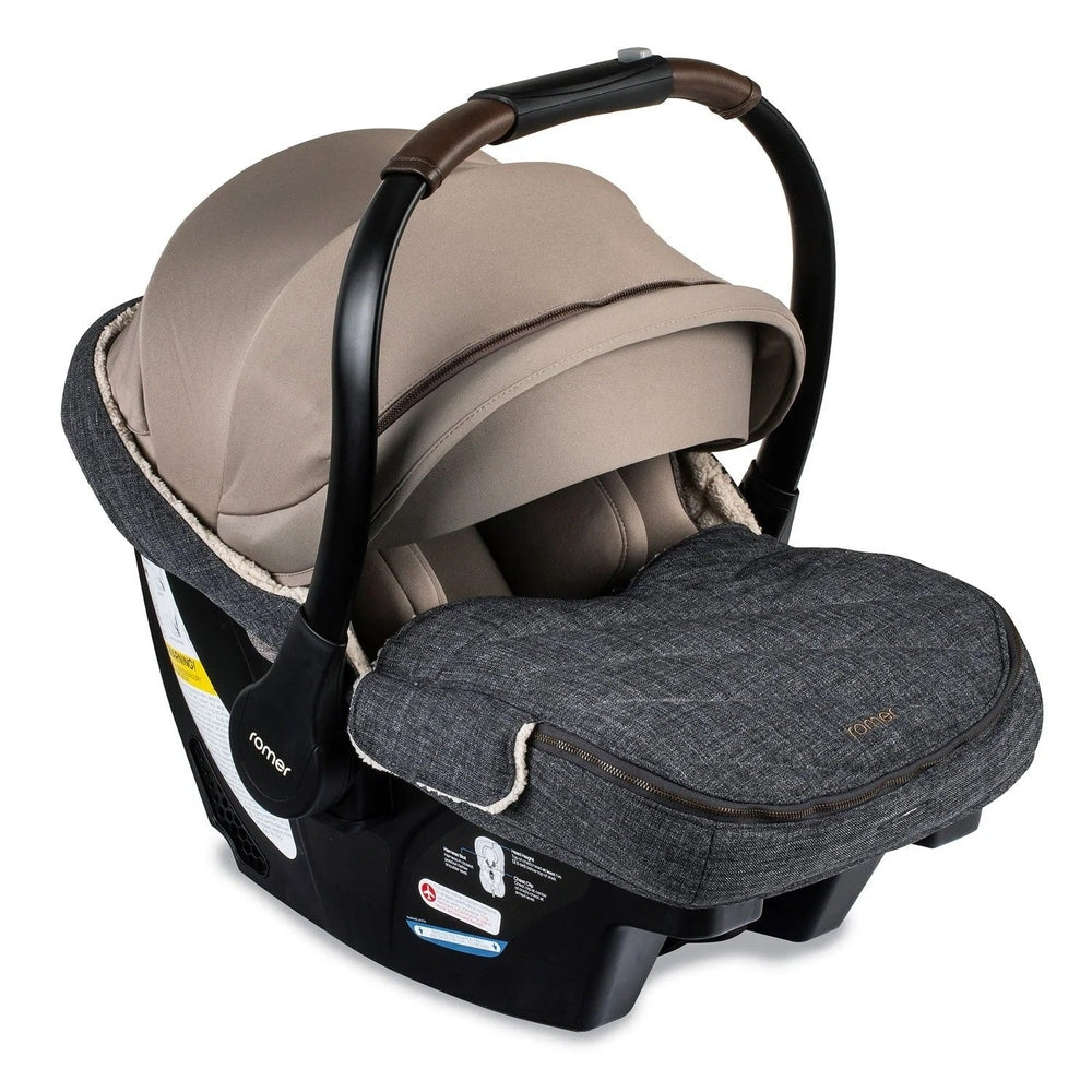ROMER Romer Juni Winter Cover stroller footmuff in dark gray with beige lining, zipped over a baby carrier.