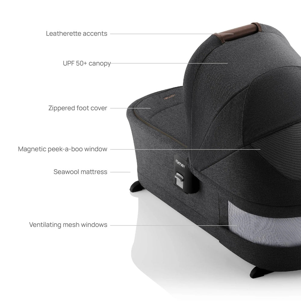 ROMER Sera Bassinet for Tura Stroller in charcoal grey with zippered foot cover and magnetic peek-a-boo window.