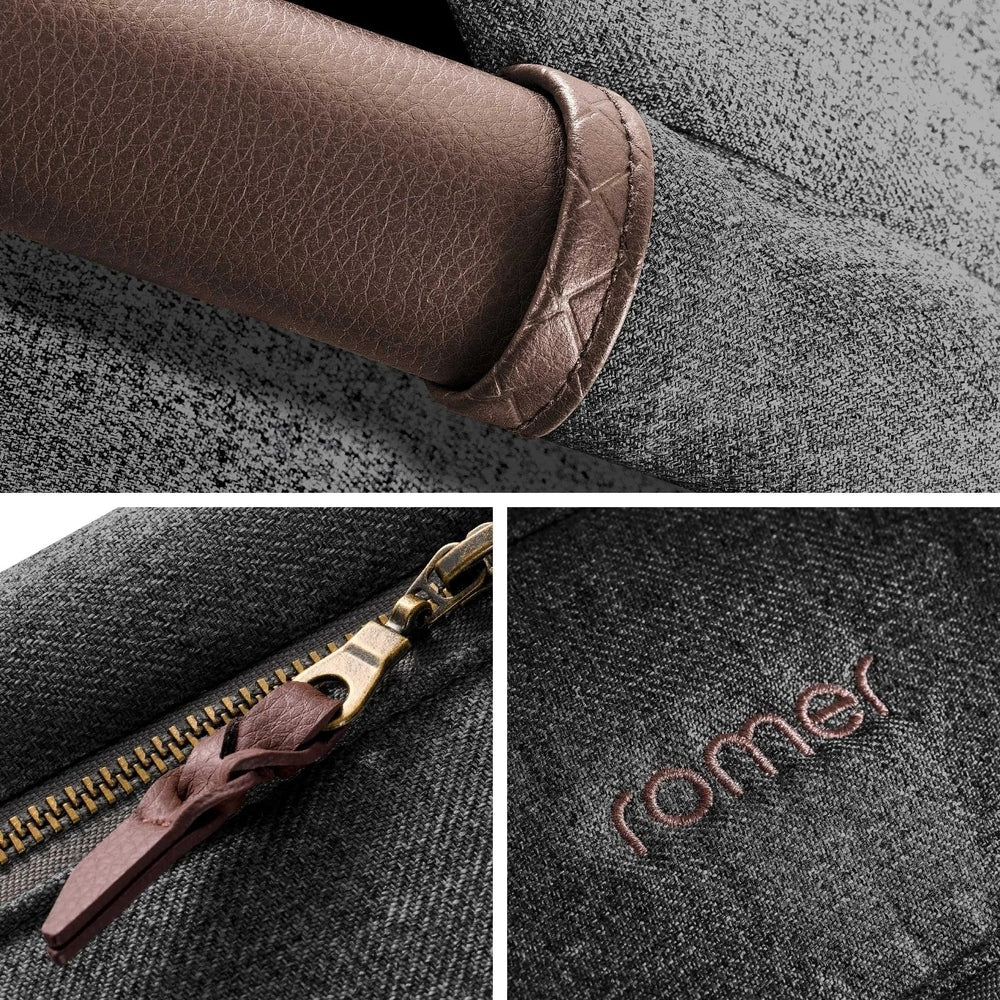 Romer Sera Bassinet for Tura Stroller in dark denim with brown leather pull strap and brass zipper pull, ROMER embroidery.