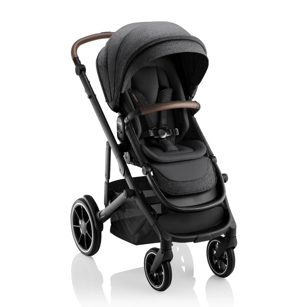 Romer Tura Stroller in dark gray with large wheels and adjustable brown handle for on-the-go strolls.