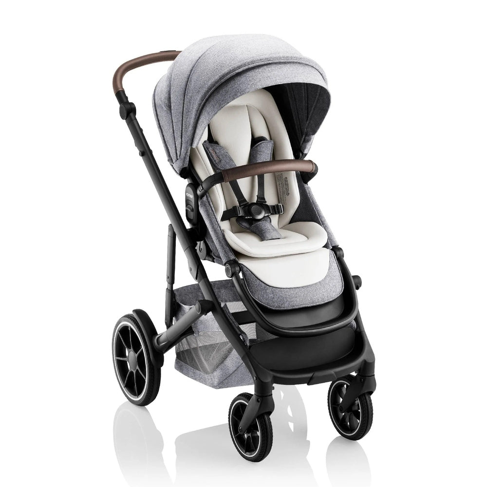 ROMER Tura Stroller in gray with canopy and padded seat, brown handlebar, full-size baby stroller.