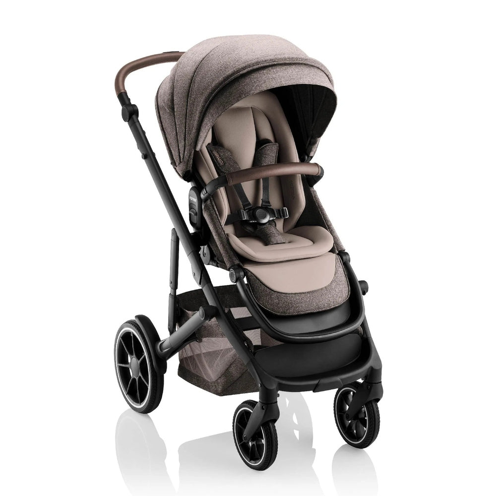 Romer Tura Stroller in brown-beige fabric with large wheels and adjustable harness, ready for a stroll.