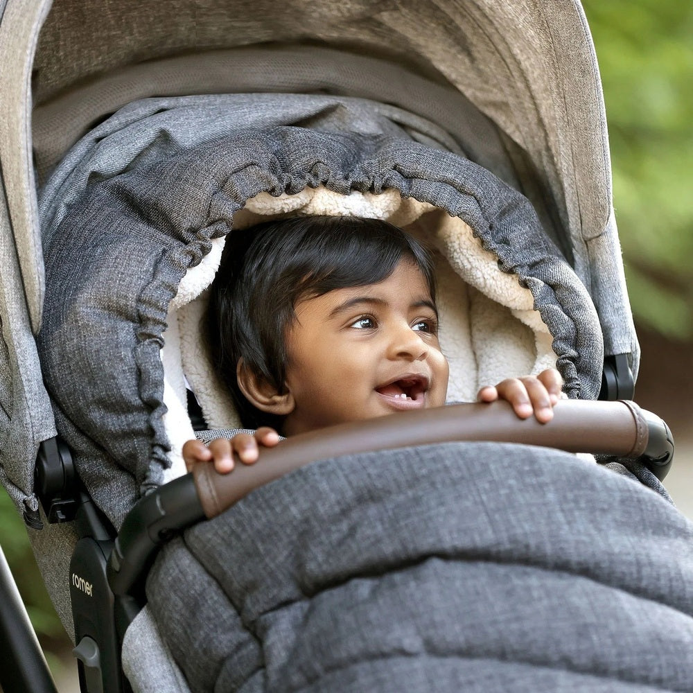 Romer Tura Winter Kit cover and gloves on a grey stroller, baby snug in fleece-lined warmth, ROMER