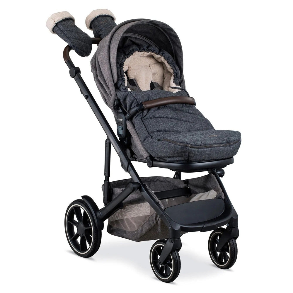 Romer Tura Winter Kit on a dark stroller, beige fleece cover with matching gloves attached to the handle