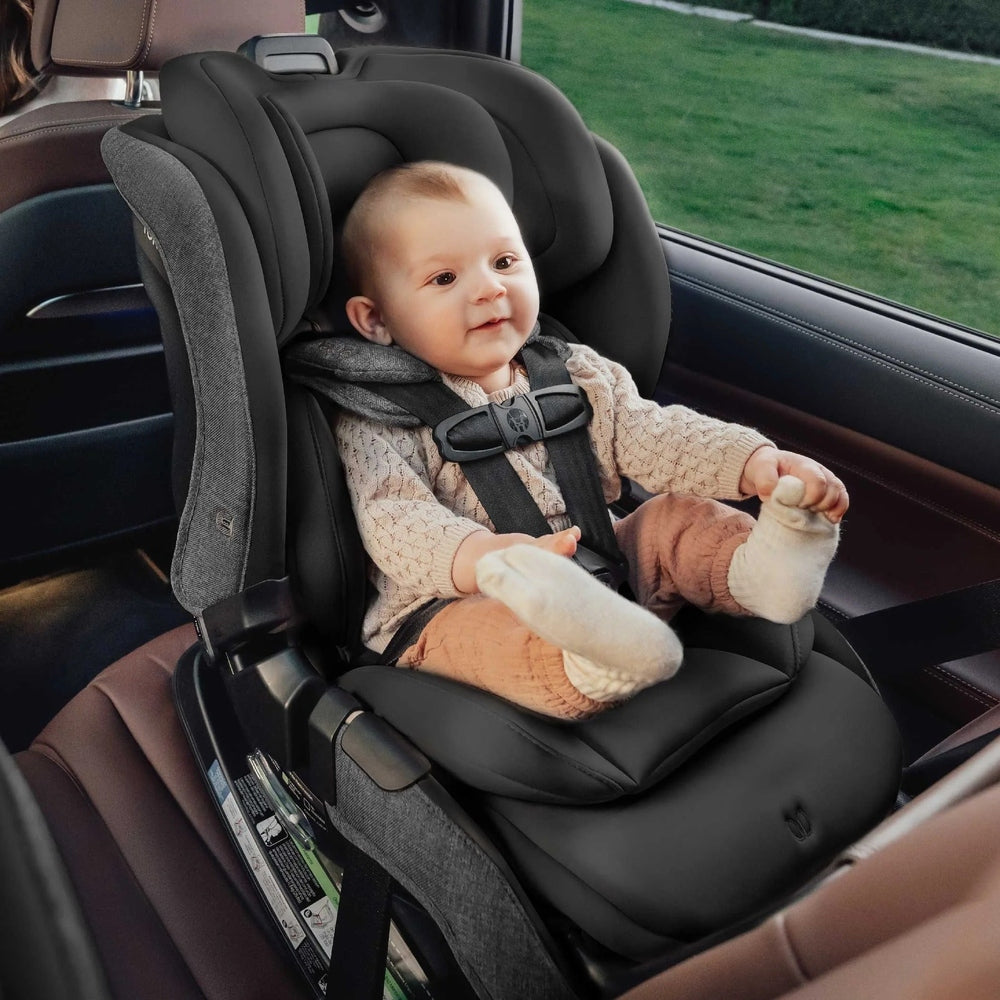 ROMER Romer Veni Convertible Car Seat in gray/black, infant securely strapped in with a five-point harness.
