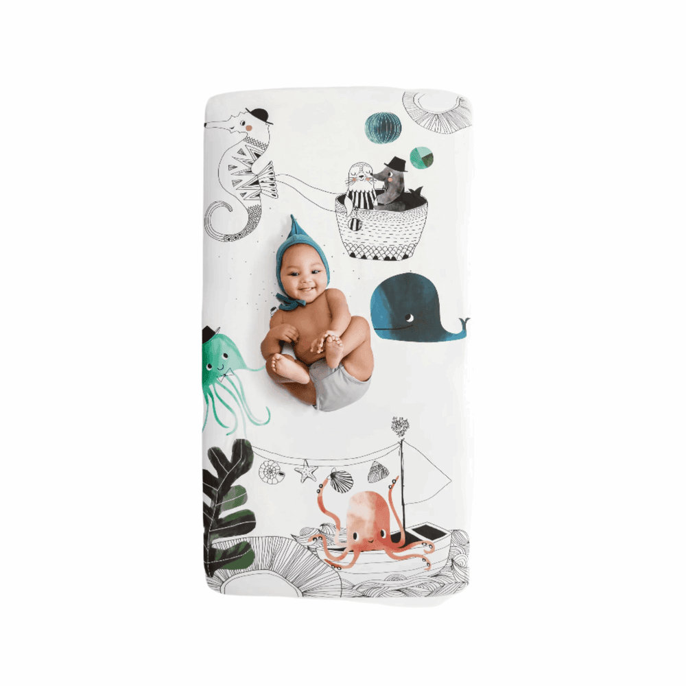 Rookie Humans cotton crib sheet Underwater Love with blue whale and sea creatures on white background