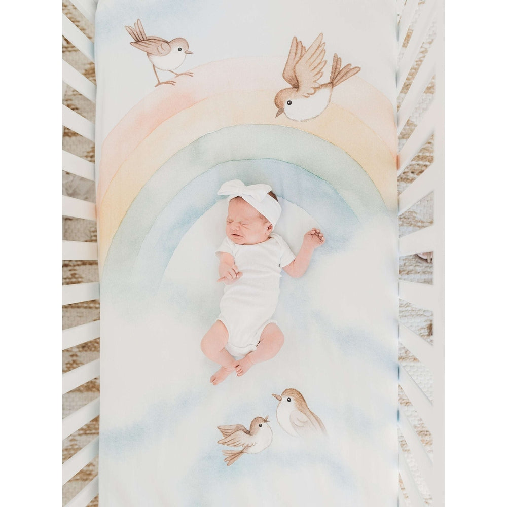 Rookie Humans Cotton Sateen Crib Sheet Rainbow And Birds