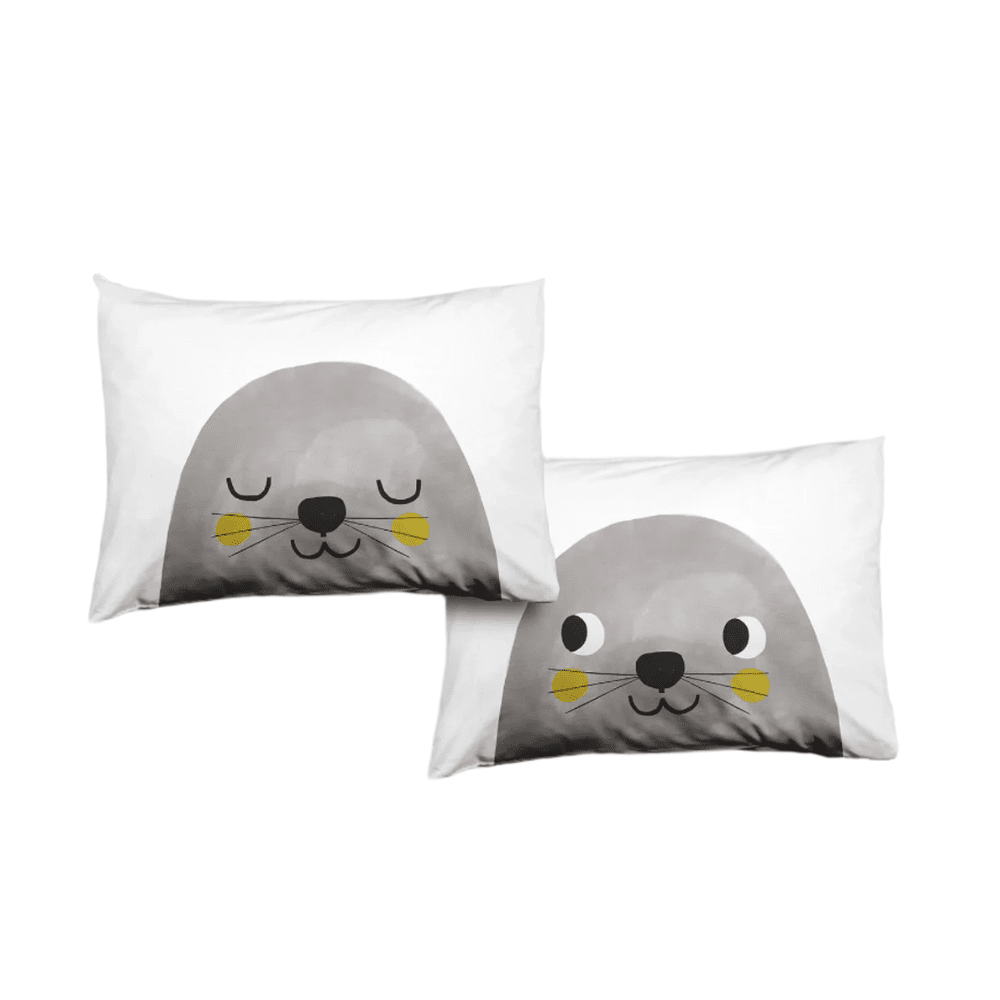 Rookie Humans toddler pillowcases 2-pack Underwater Love with gray seal faces on white fabric