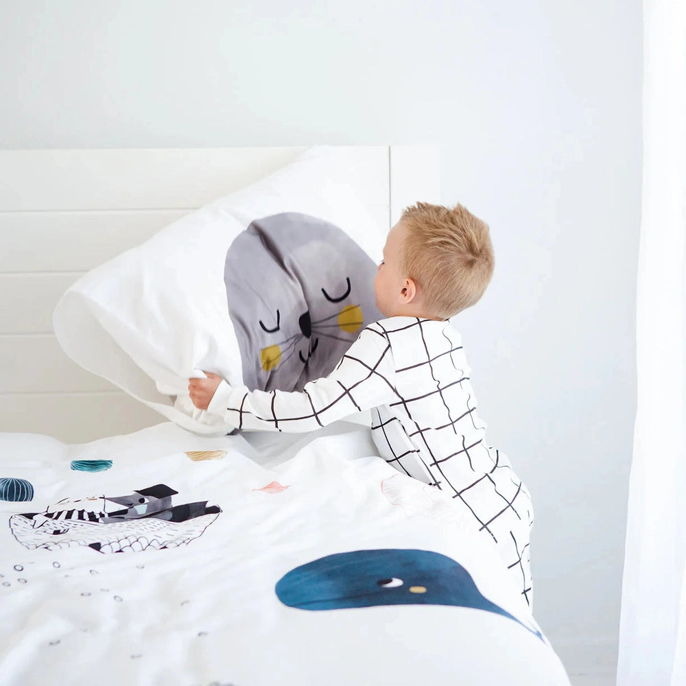 Rookie Humans Toddler Pillowcases 2-Pack Underwater Love, white with grey whale illustration