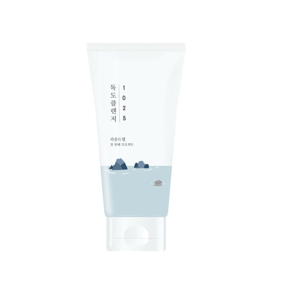 Round Lab 1025 Dokdo Cleanser tube, 150 ml, white with blue sea illustration.