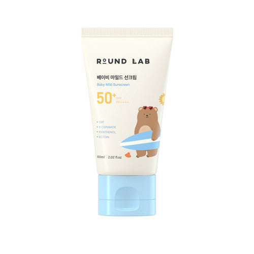 Round Lab Baby Mild Sunscreen 60 ml with bear illustration and blue cap, SPF 50+