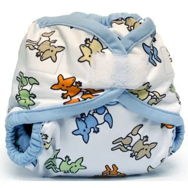 Rumparooz Velcro Cloth Diaper, blue dinosaur print on white fabric, securely fastened with Velcro tabs.