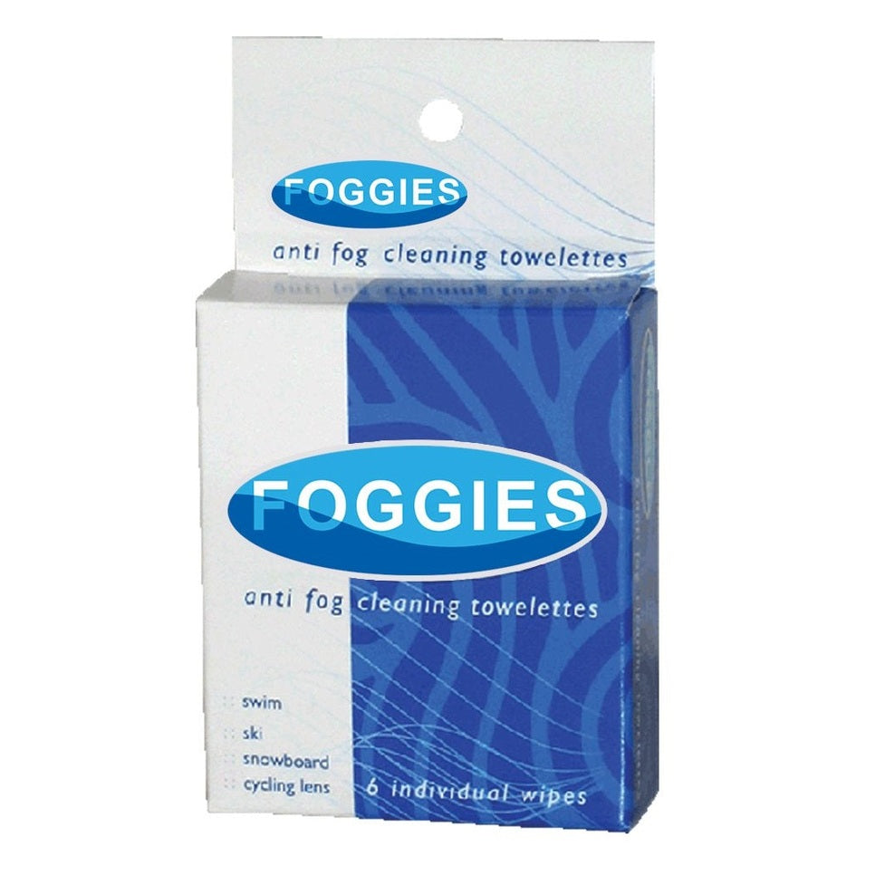 SBR Foggies anti-fog cleaning towelettes, 6 wipes, blue and white packaging