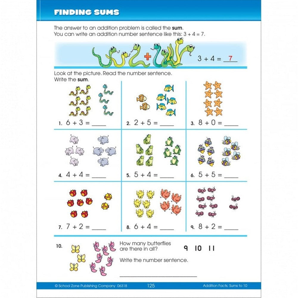 School Zone Big Second Grade workbook page Finding Sums with colorful animal illustrations for addition problems