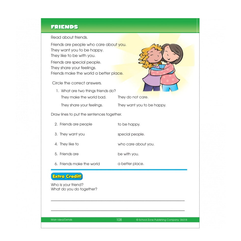School Zone Big Second Grade workbook page Friends with two kids hugging illustration