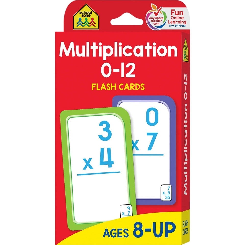 School Zone multiplication flash cards 0-12; two framed cards in green and blue for ages 8 and up