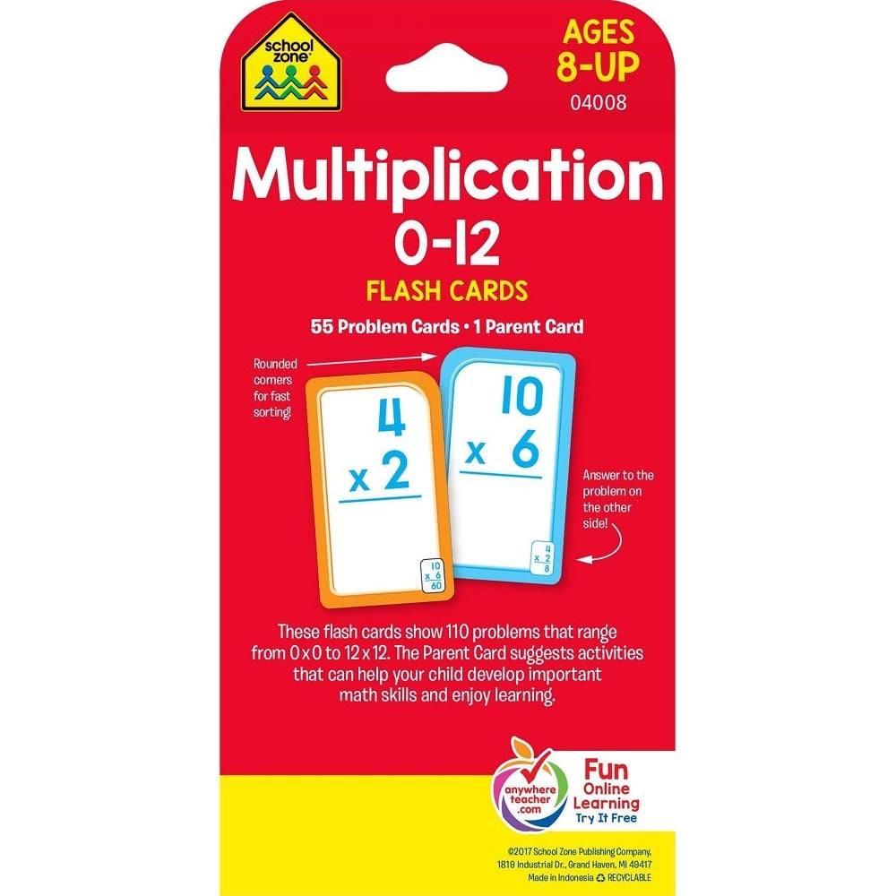 School Zone multiplication flash cards 0–12 in red packaging with 55 problem cards and parent card