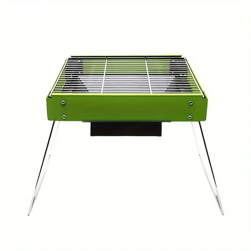 Shaoyou portable folding BBQ grill stove; green metal body with grid grate and foldable legs, Baby EnRoute
