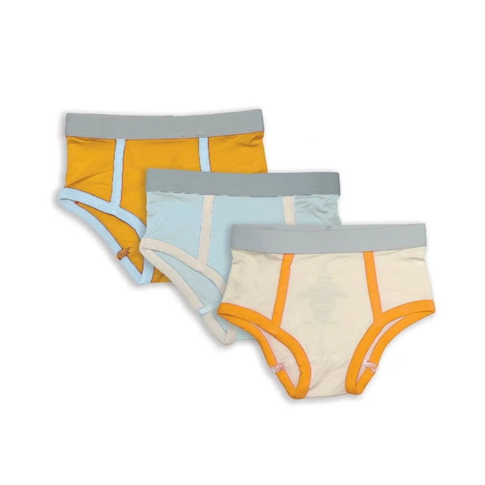 Silkberry Baby Bamboo Boys Briefs 3 Pack Feather/Starlight/Sunset, fanned out to reveal gray waistbands and orange/blue trim.