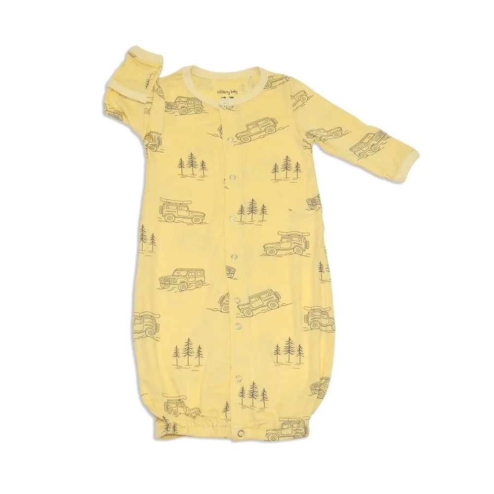 Silkberry Baby bamboo gown yellow with off-road vehicle and tree print, matching color neck binding
