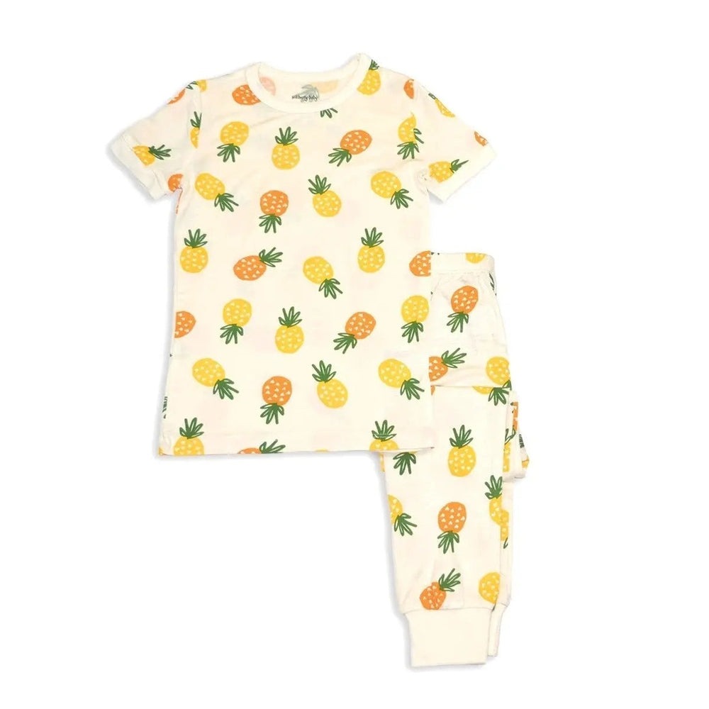 Silkberry Baby Bamboo Short Sleeve 2 Pc Pajama Set Pineapple Love laid flat, cream with yellow-orange pineapple print