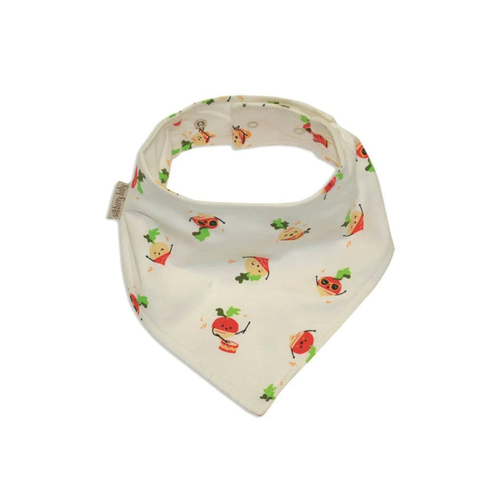 Silkberry Baby organic cotton bandana bib with radish print on white; SILKBERRY BABY tag visible