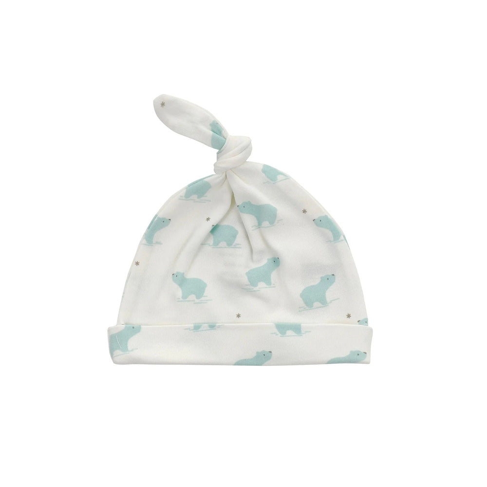 Silkberry Baby knot hat; organic cotton with arctic blue bear print.